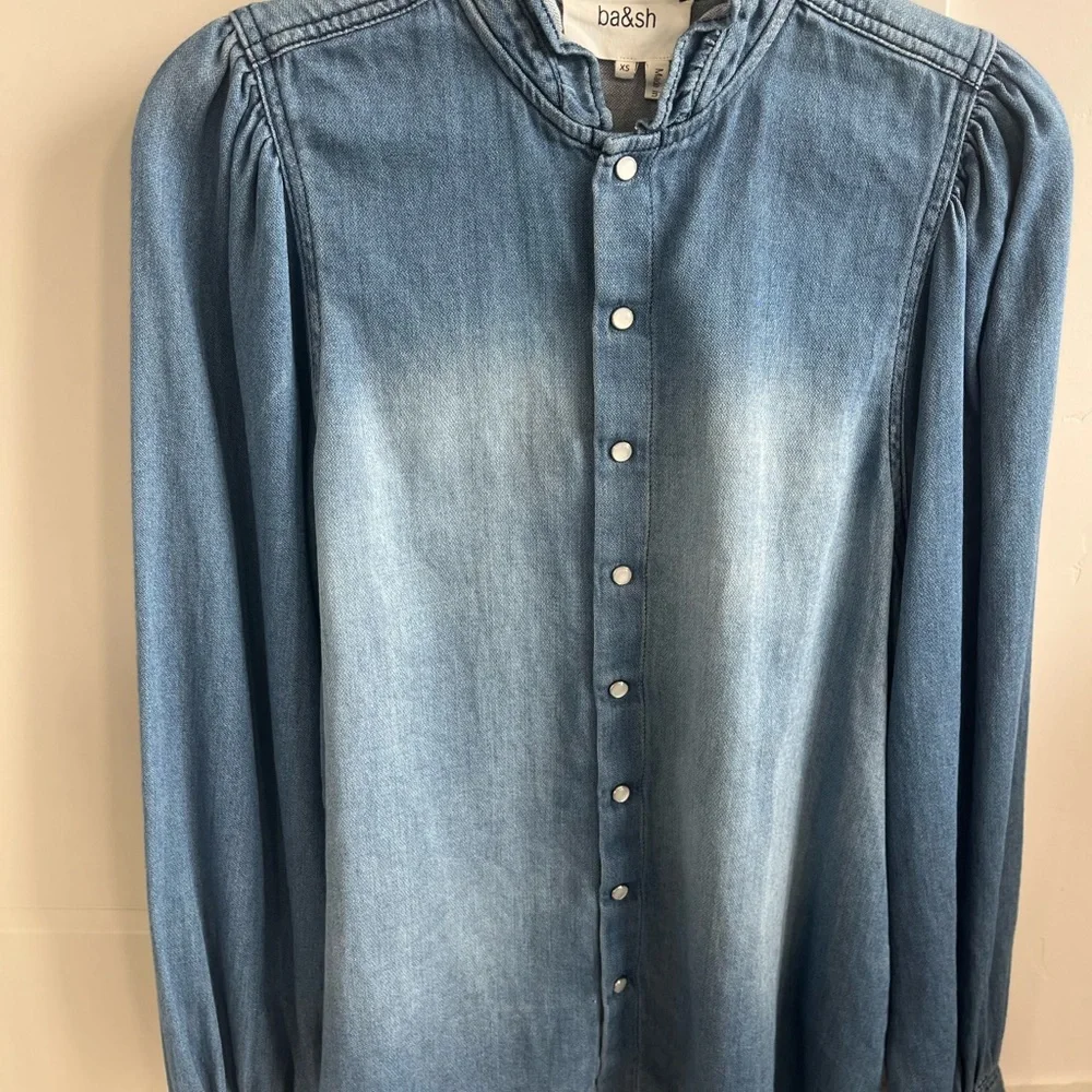 ba&sh Light Blue Ruffle Denim Top - Picture 3 of 9